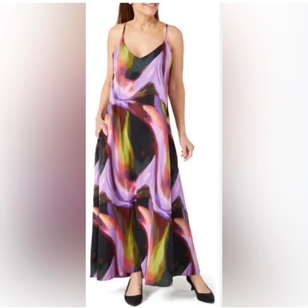 Nicole Miller Abstract Print‎ Spaghetti Strap Maxi Dress Womens XS Purple Green